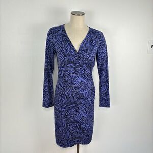GYPSY by MARA HOFFMAN Dress S Black Purple Stretch Faux Wrap Knee Length Midi